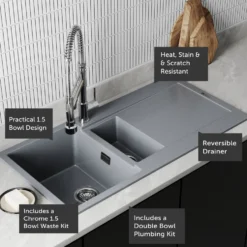 Vellamo Rocca 1.5 Bowl Granite Composite Inset Kitchen Sink & Waste - 1000 x 500mm