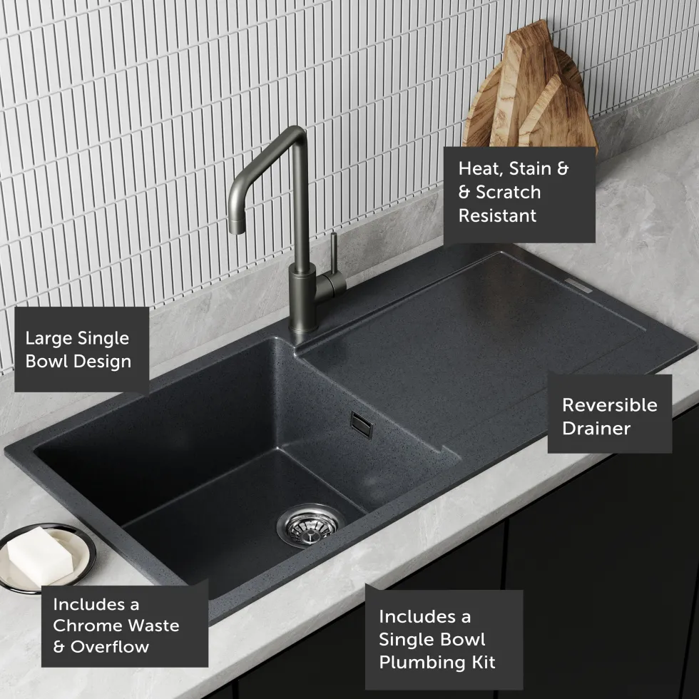 Vellamo Rocca Large 1 Bowl Granite Composite Inset Kitchen Sink & Waste - 1000 x 500mm