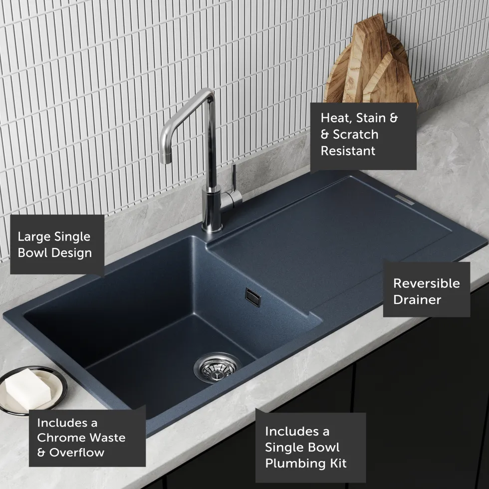 Vellamo Rocca Large 1 Bowl Granite Composite Inset Kitchen Sink & Waste - 1000 x 500mm