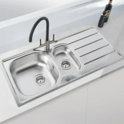 Vellamo Sunrise 1.5 Bowl Satin Stainless Steel Kitchen Sink with Waste, Plumbing Kit & Reversible Drainer - 965 x 500mm
