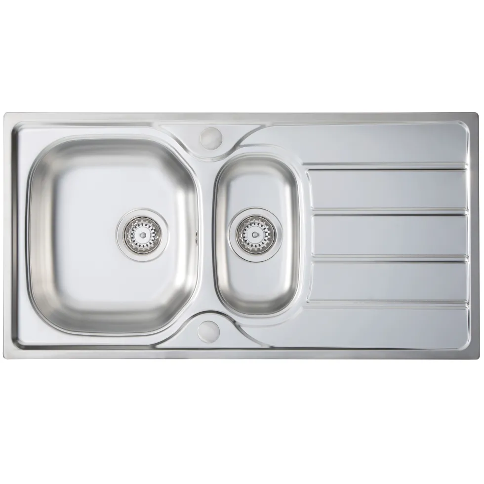 Vellamo Sunrise 1.5 Bowl Satin Stainless Steel Kitchen Sink with Waste, Plumbing Kit & Reversible Drainer - 965 x 500mm