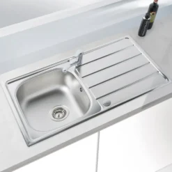 Vellamo Sunrise Compact 1 Bowl Satin Stainless Steel Kitchen Sink with Waste, Plumbing Kit & Reversible Drainer - 860 x 500mm