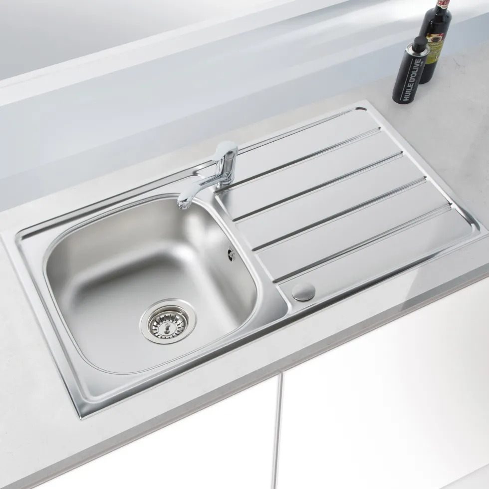 Vellamo Sunrise Compact 1 Bowl Satin Stainless Steel Kitchen Sink with Waste, Plumbing Kit & Reversible Drainer - 860 x 500mm