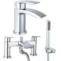 Vellamo Swift Chrome Basin Mixer Tap & Waste and Bath Shower Mixer Tap with Shower Kit