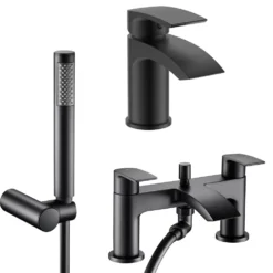 Vellamo Swift Matt Black Basin Mixer Tap & Waste and Bath Shower Mixer Tap with Shower Kit