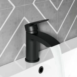 Vellamo Swift Matt Black Basin Mixer Tap & Waste and Bath Shower Mixer Tap with Shower Kit