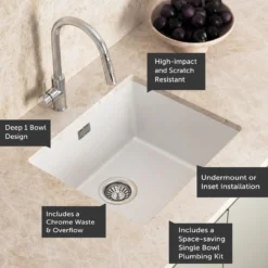 Vellamo Terra 1 Bowl Granite Composite Inset / Undermount Kitchen Sink & Waste - 533 x 457mm