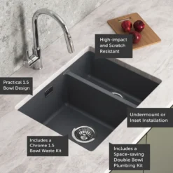 Vellamo Terra 1.5 Bowl Granite Composite Inset/Undermount Kitchen Sink & Waste Kit - 555 x 460mm