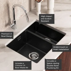 Vellamo Terra 1.5 Bowl Granite Composite Inset/Undermount Kitchen Sink & Waste Kit - 555 x 460mm