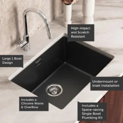 Vellamo Terra Large 1 Bowl Granite Composite Inset / Undermount Kitchen Sink & Waste - 610 x 460mm