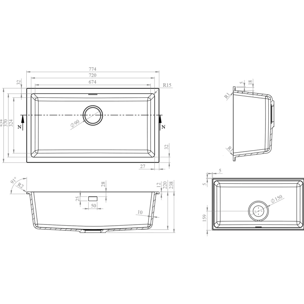 Vellamo Terra XL 1 Bowl Granite Composite Inset / Undermount Kitchen Sink & Waste - 774 x 434mm