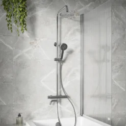 Vellamo Twist Exposed 3 Outlet Rigid Riser Thermostatic Shower Set with Integrated Bath Spout