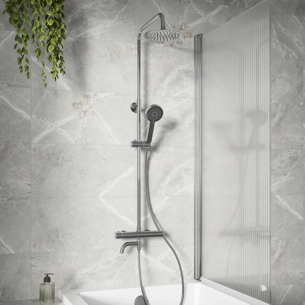 Vellamo Twist Exposed 3 Outlet Rigid Riser Thermostatic Shower Set with Integrated Bath Spout