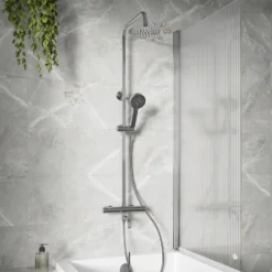 Vellamo Twist Exposed 3 Outlet Rigid Riser Thermostatic Shower Set with Integrated Bath Spout