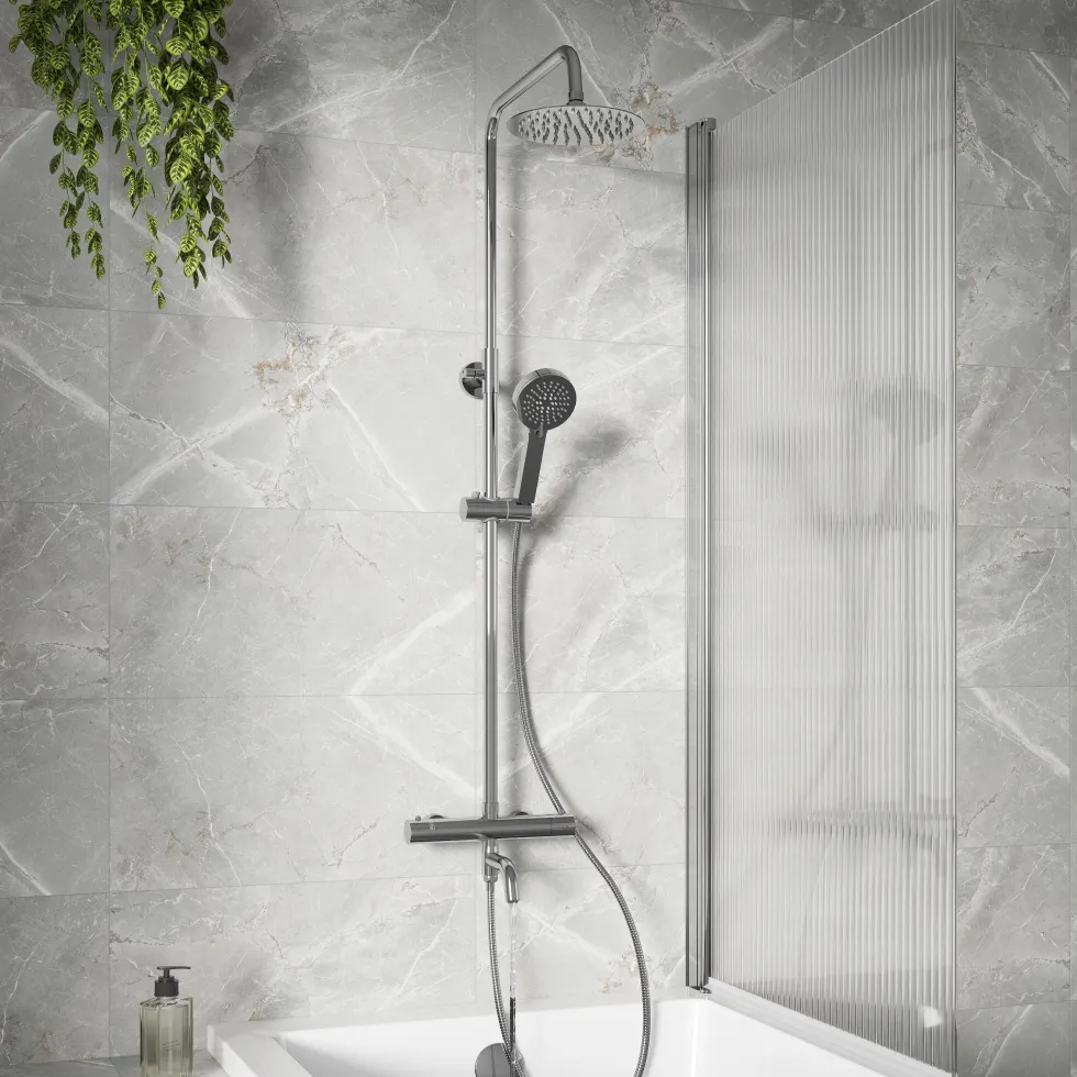 Vellamo Twist Exposed 3 Outlet Rigid Riser Thermostatic Shower Set with Integrated Bath Spout