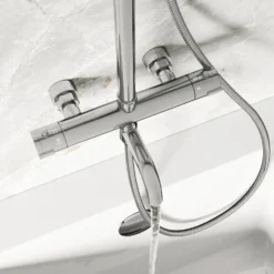 Vellamo Twist Exposed 3 Outlet Rigid Riser Thermostatic Shower Set with Integrated Bath Spout