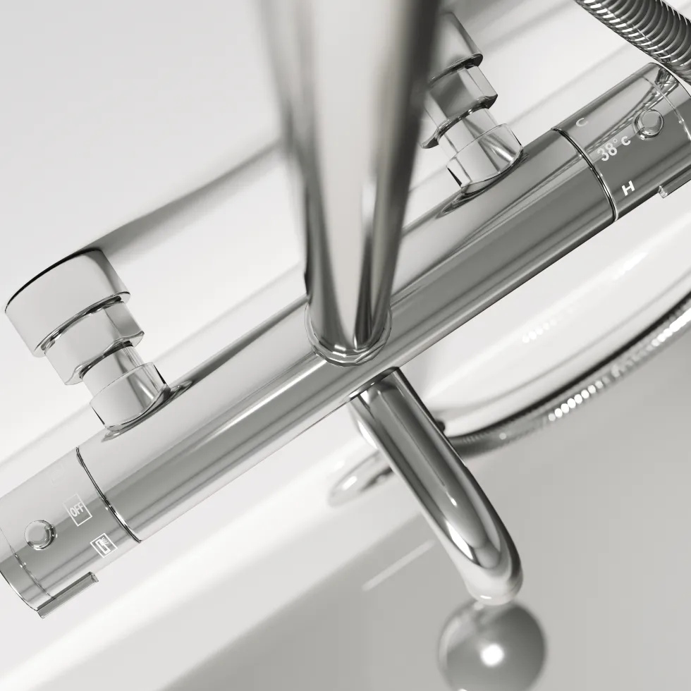 Vellamo Twist Exposed 3 Outlet Rigid Riser Thermostatic Shower Set with Integrated Bath Spout