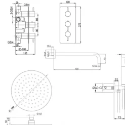 VOS Concealed Dual Outlet 3 Handle Shower Valve, Fixed Head & Shower Handset Kit