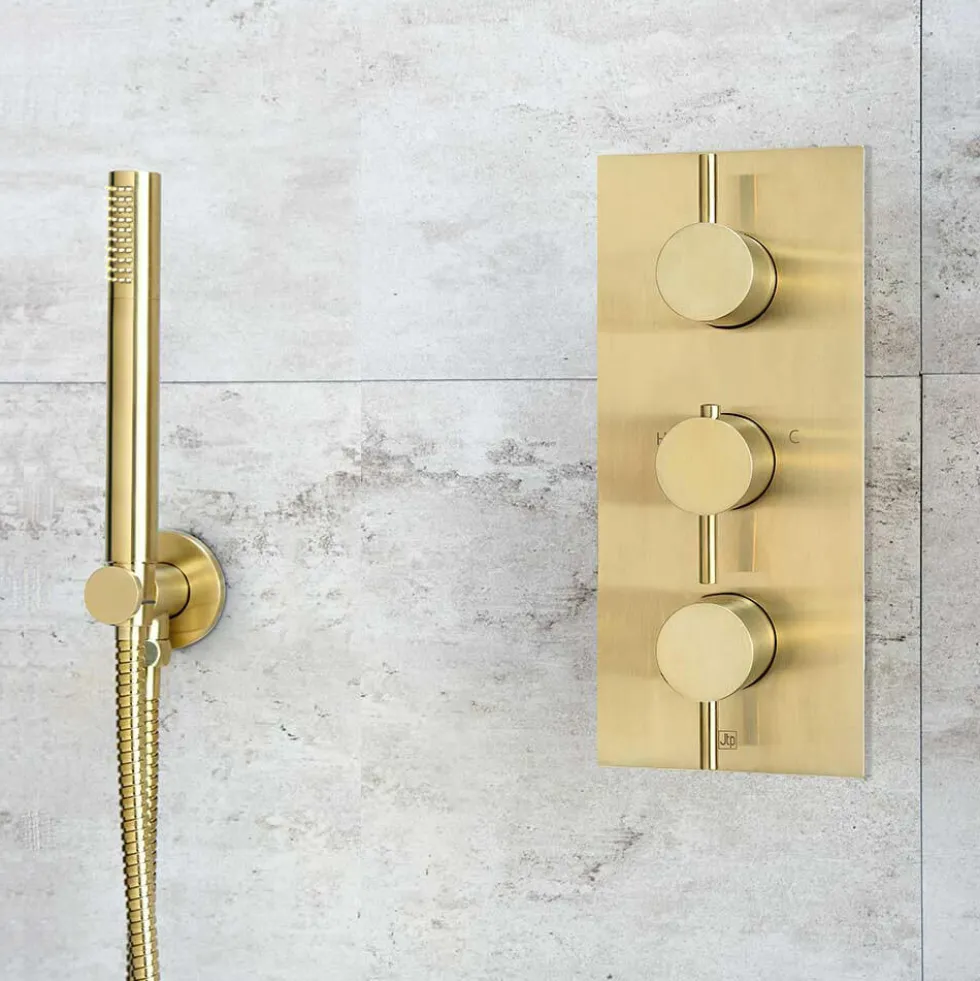 VOS Round Water Outlet & Holder with Metal Hose & Slim Hand Shower- Brushed Brass