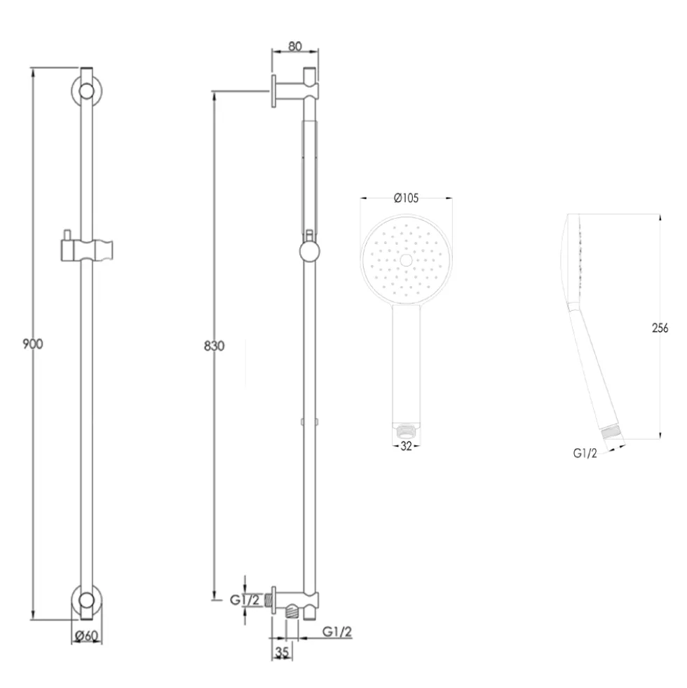 VOS Slide Rail Shower Kit with Round Shower Handset & Hose